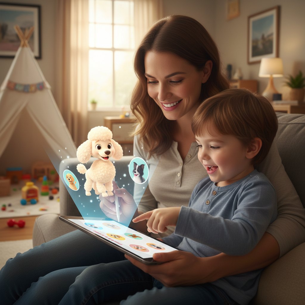 Matka z dzieckiem przeglądająca aplikacje z wirtualnym psem na tablecie, wyraźna koncentracja i analiza wyboru