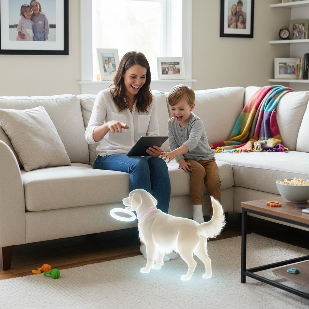 Mutter und Kind spielen gemeinsam mit virtuellem Hund auf dem Sofa, Familienalltag, digitale Tierpflege