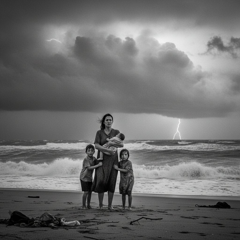 Mother and children standing on beach, storm waves crashing, Roma-inspired emotional scene