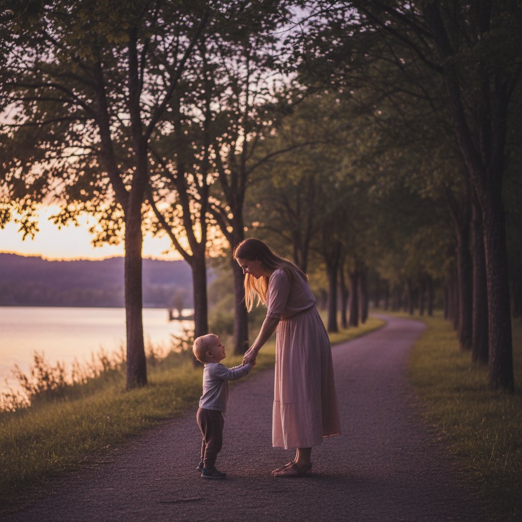 Matka z dzieckiem podczas wieczornego spaceru – symbol tworzenia więzi i hierarchii przywiązań