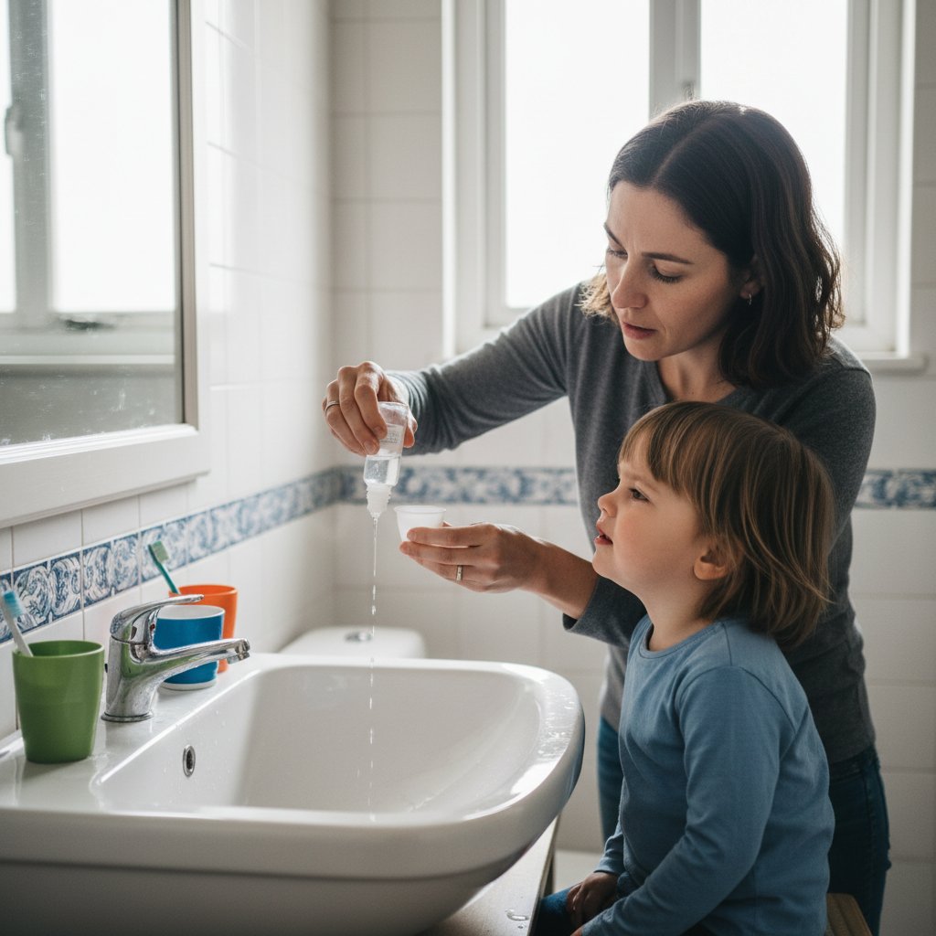 Matka przemywa oczy dziecku solą fizjologiczną w domowej łazience