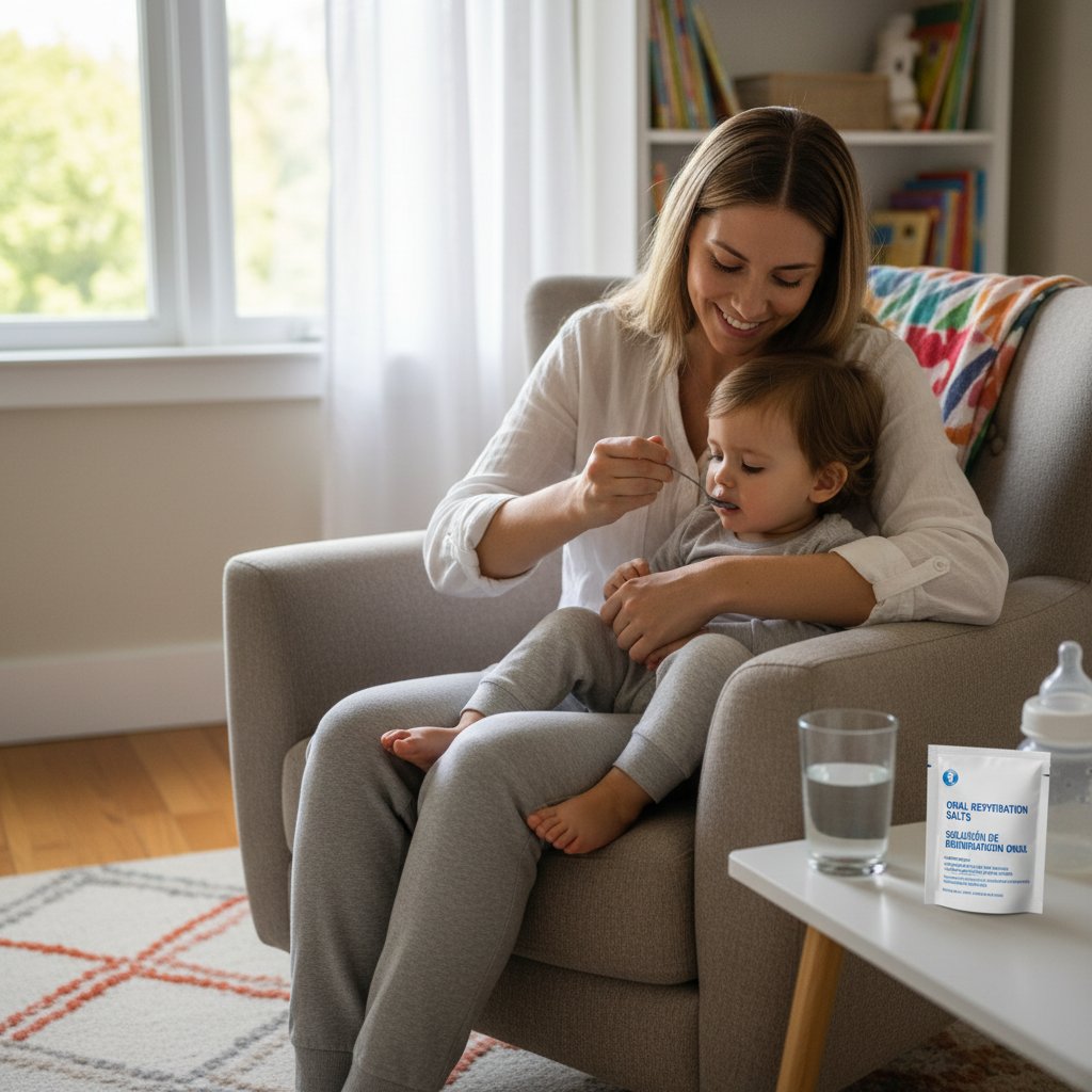 Zdjęcie matki podającej dziecku płyn nawadniający w domu