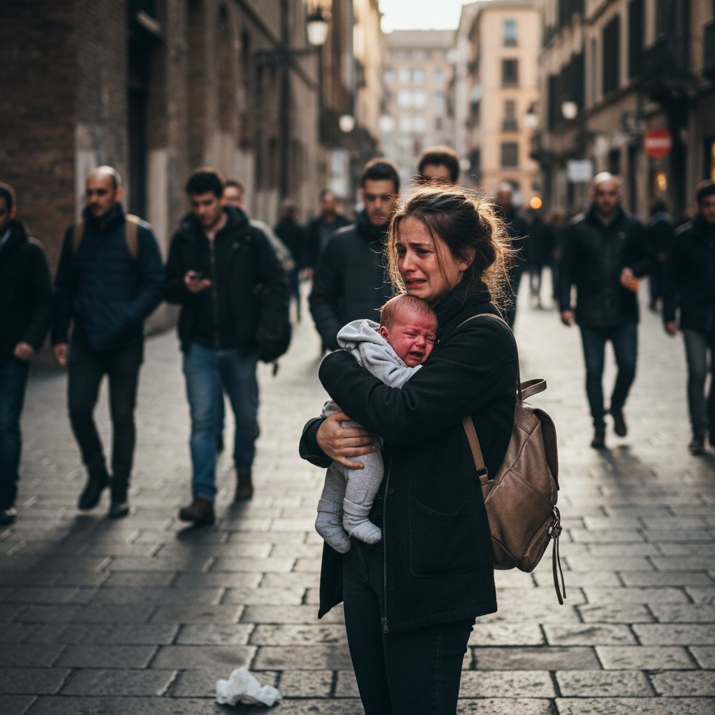 Matka z płaczącym niemowlęciem na ulicy, otoczona spojrzeniami przechodniów