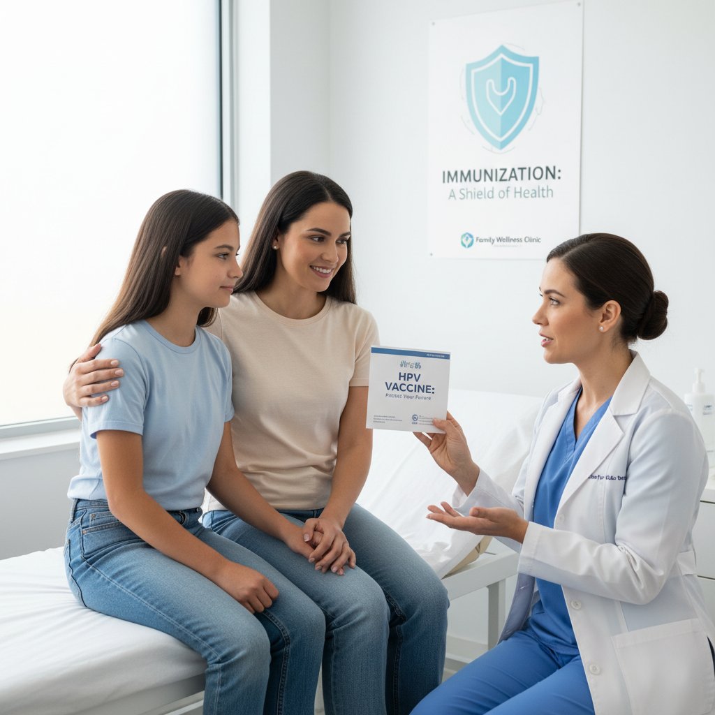 Matka i córka uśmiechnięte w poczekalni poradni, wsparcie przed szczepieniem HPV