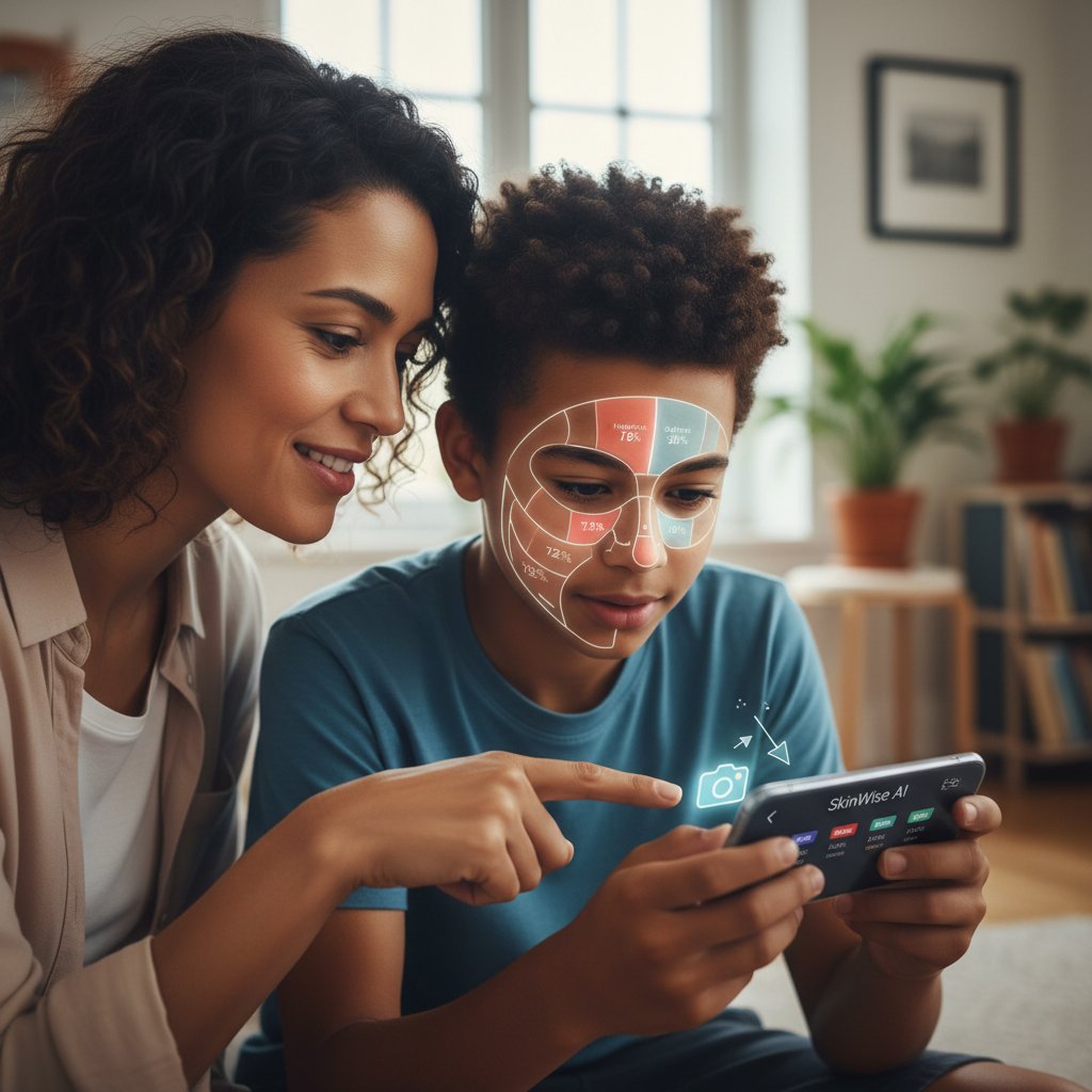 Matka i syn przy kuchennym stole, wspólnie analizują zmianę skórną na ekranie smartfona