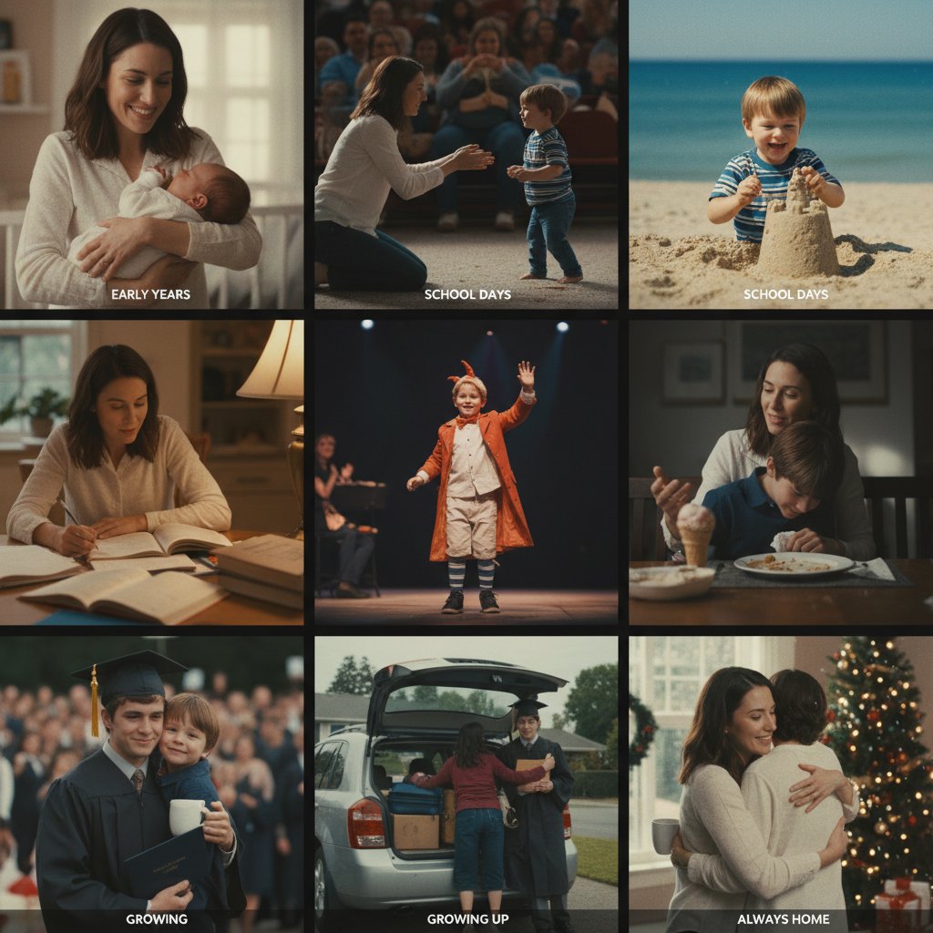 Stylized montage of mother-son movie archetypes, spanning eras and genres, movie posters