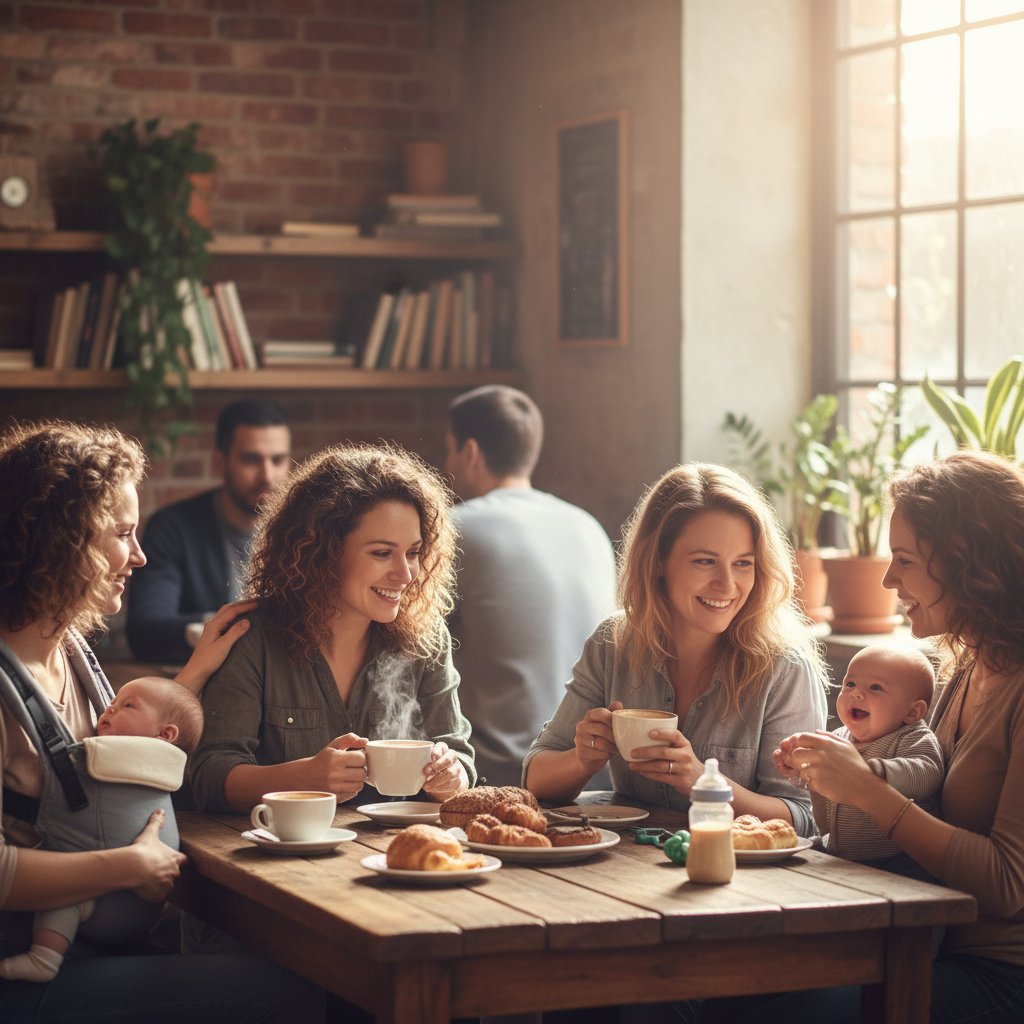 Dwie mamy rozmawiają w kawiarni, wymieniając się doświadczeniami – lokalna sieć wsparcia