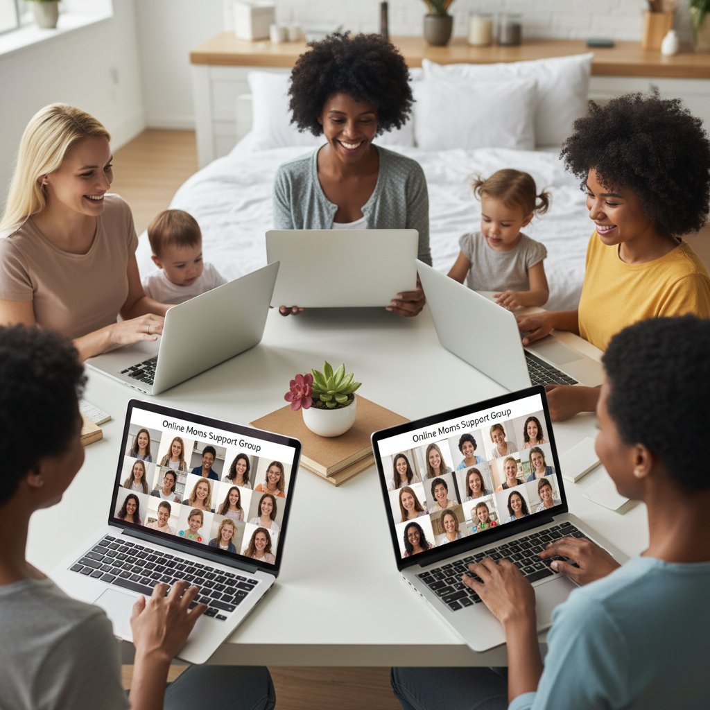Zdjęcie grupy młodych matek podczas spotkania online, rozmowa przez wideo