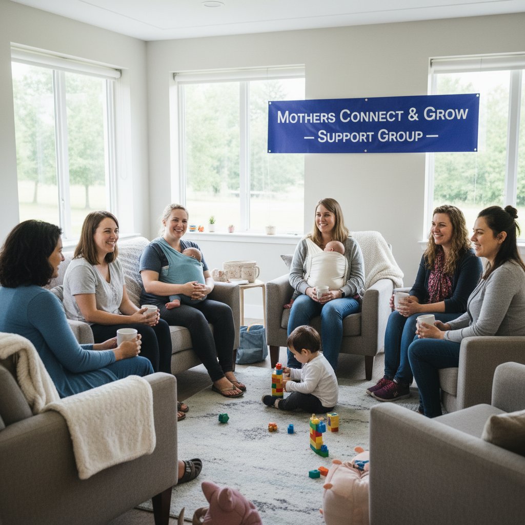 Grupa matek na spotkaniu wsparcia, rozmowa, uśmiechy, swobodna atmosfera
