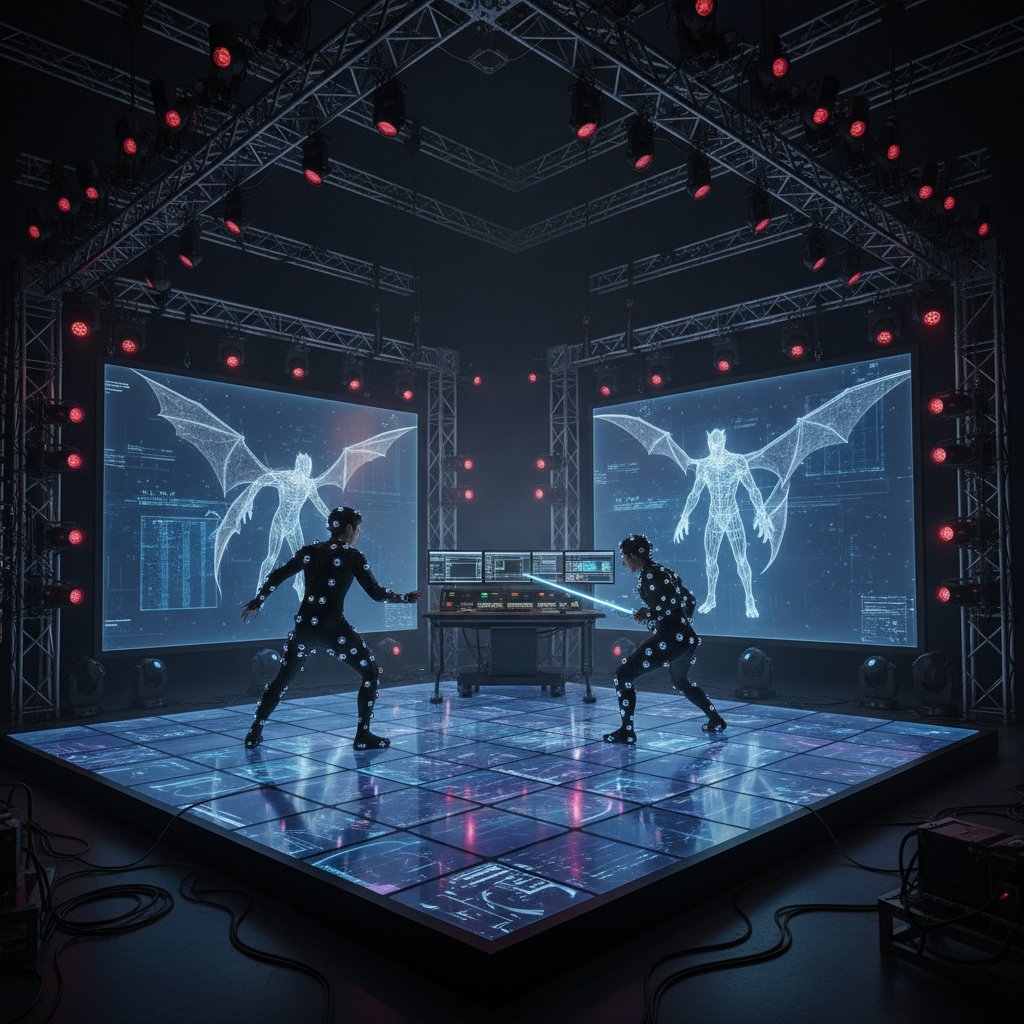 Actors in motion capture suits filming a video game adaptation