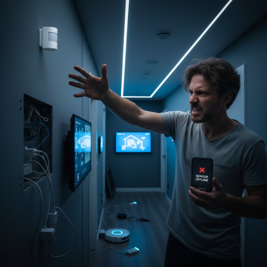 Person trying to fix a malfunctioning motion sensor at home, hallway, frustrated user, smart home, technology issue