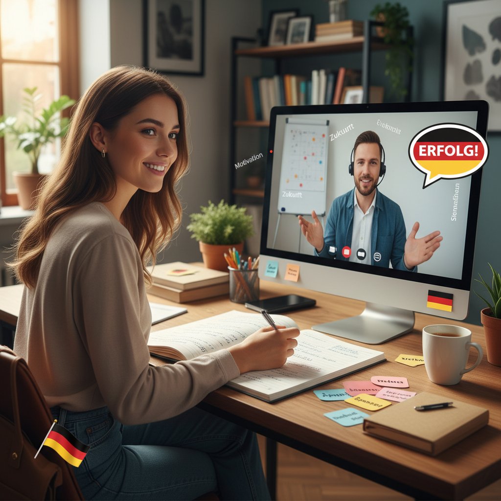 Osoba szczęśliwa i zmotywowana po udanej lekcji niemieckiego online, słowa kluczowe: motywacja, sukces w nauce, zasady efektywnej nauki