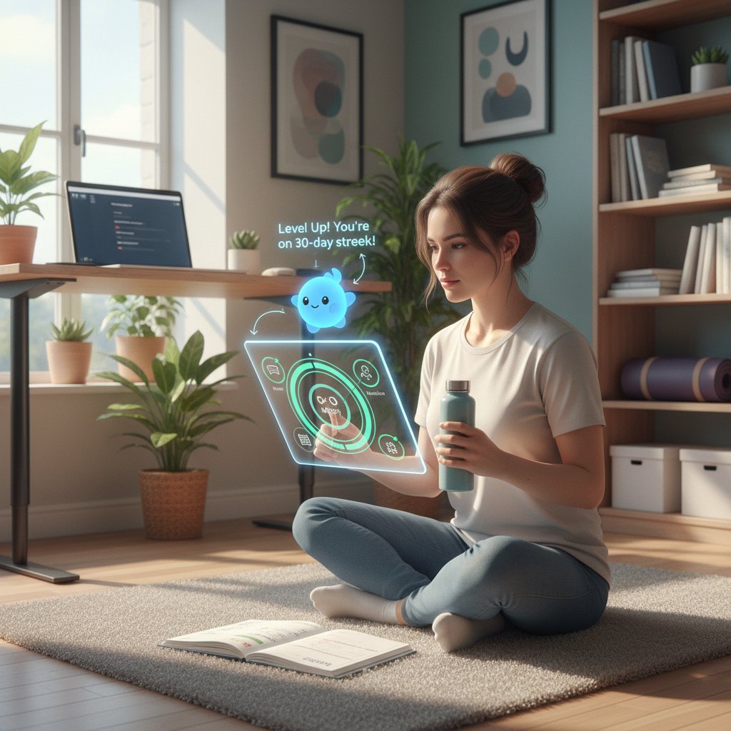 Zmotywowana osoba ćwicząca nowe nawyki z pomocą aplikacji AI na smartfonie, domowa atmosfera, pozytywna energia