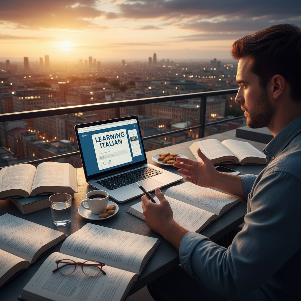 Zmotywowana osoba patrzy przez okno na panoramę miasta, otwarte książki i laptop na biurku