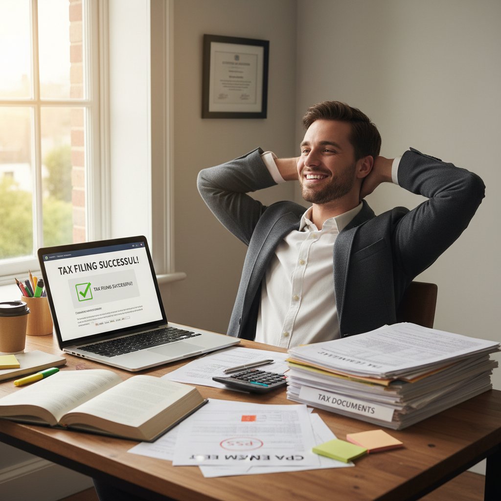 Zmotywowana osoba z laptopem, dokumenty podatkowe, wyraz satysfakcji po zdanym egzaminie