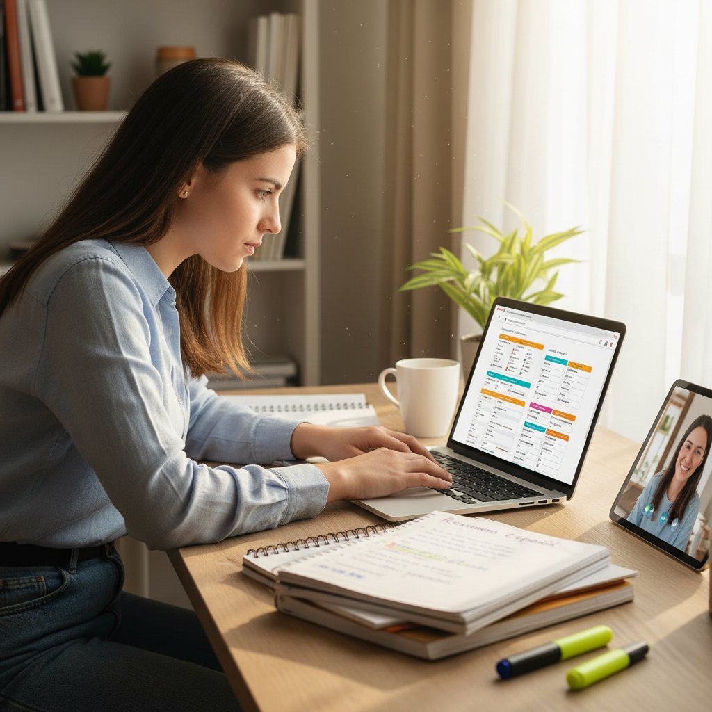 Zmotywowana osoba z notatkami i laptopem podsumowuje skuteczną naukę hiszpańskiego online