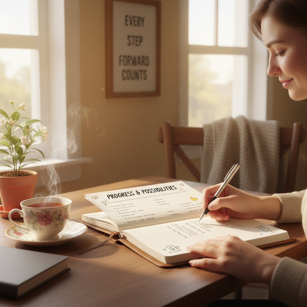 Zmotywowana osoba zapisuje postępy w dzienniku, kubek herbaty, pozytywna atmosfera