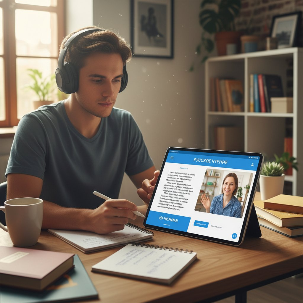 Zmotywowana osoba zaczyna czytać rosyjski tekst online na tablecie