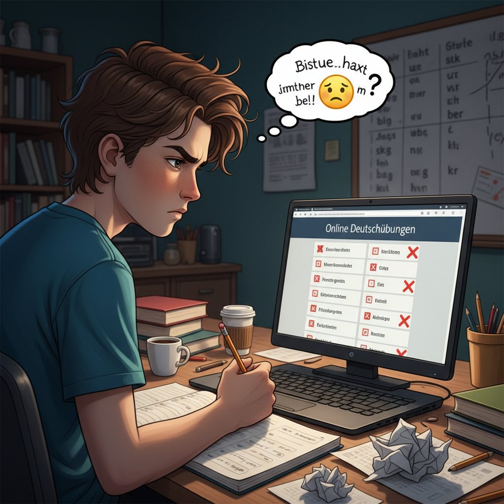 Zmotywowany, ale sfrustrowany uczeń rozwiązujący ćwiczenia online z niemieckiego