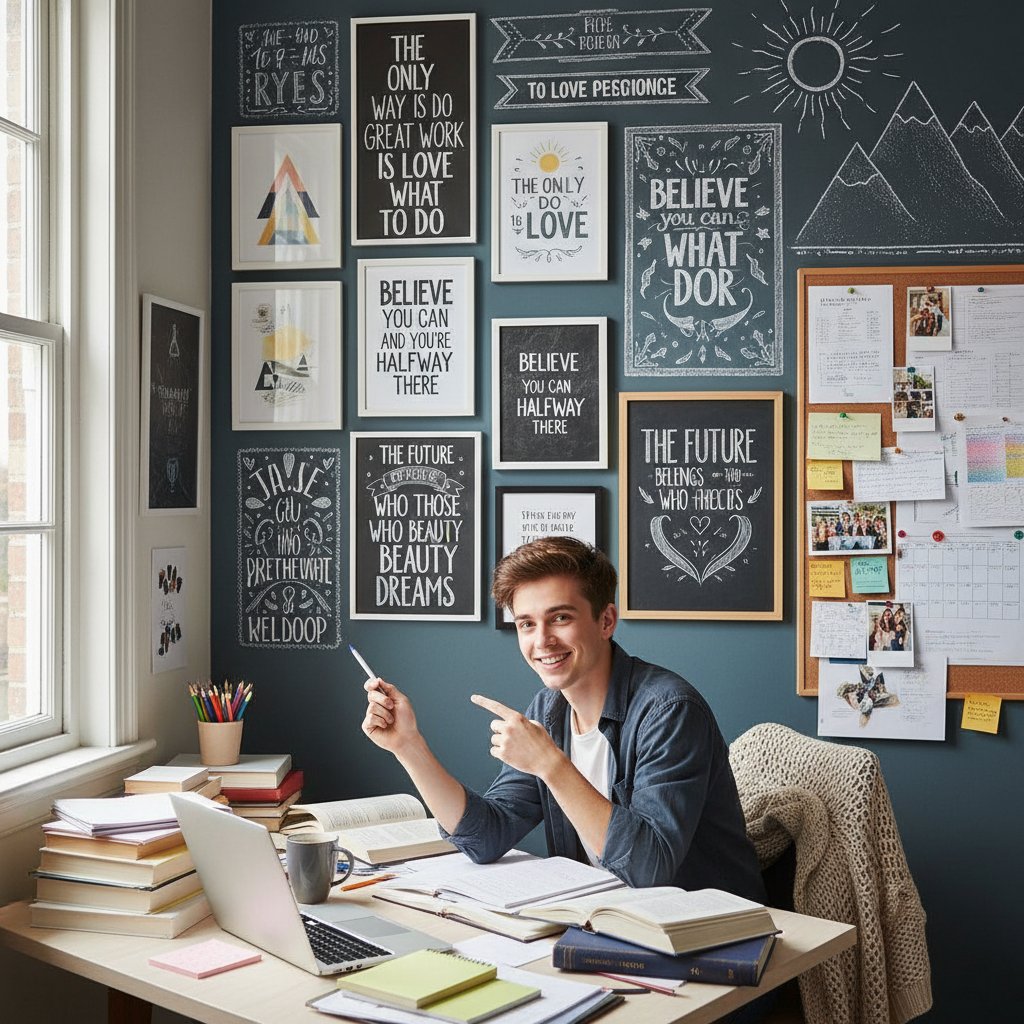 Motywowany student na tle ściany z inspirującymi cytatami