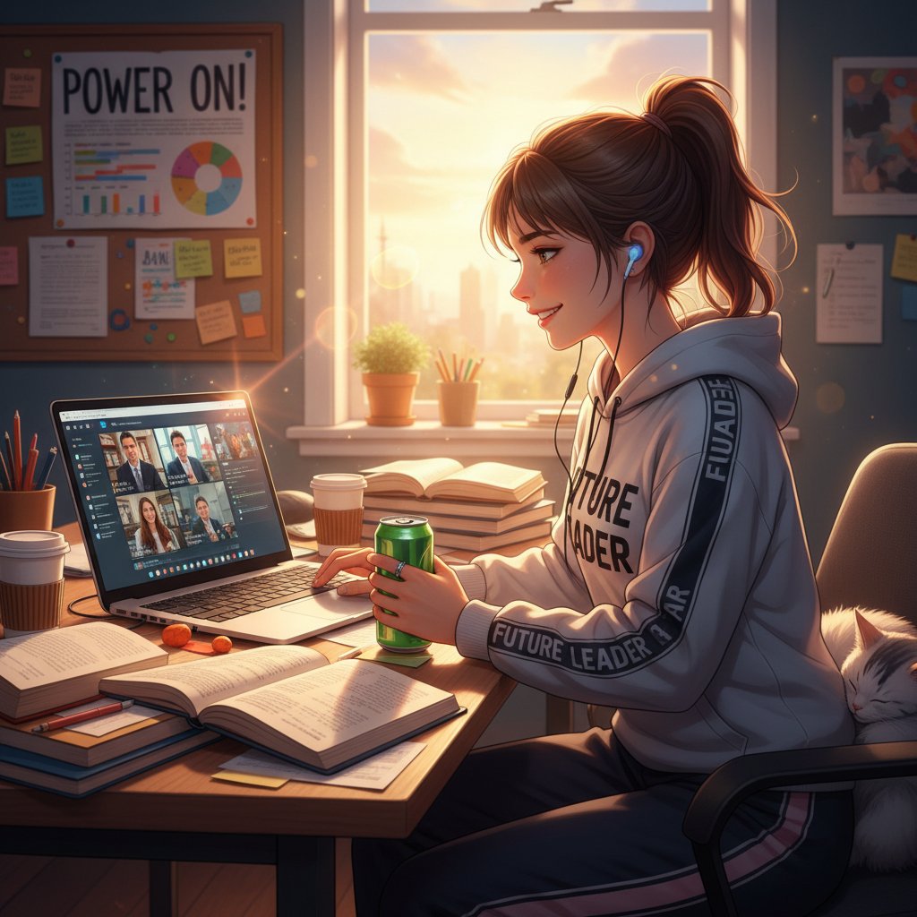 Zmotywowany uczeń w trakcie nauki online, wyraz twarzy sugeruje powrót energii i zaangażowania