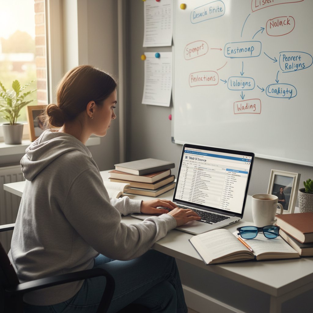 Zmotywowany uczeń pracuje nad WOS online, skupienie, laptop