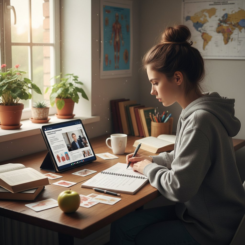 Zmotywowana studentka ucząca się rosyjskiego medycznego online z tabletem