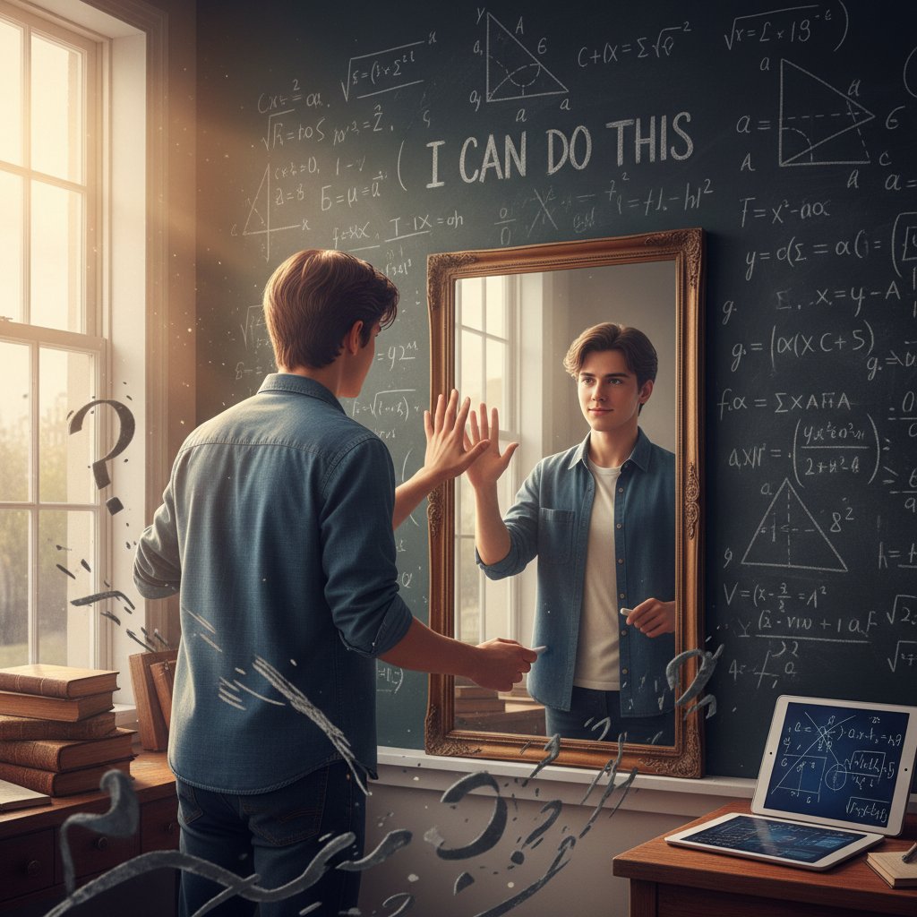 Motywujący portret młodej osoby patrzącej w lustro, z tablicą pełną matematycznych wzorów w tle, symbol przełamania strachu przed matematyką