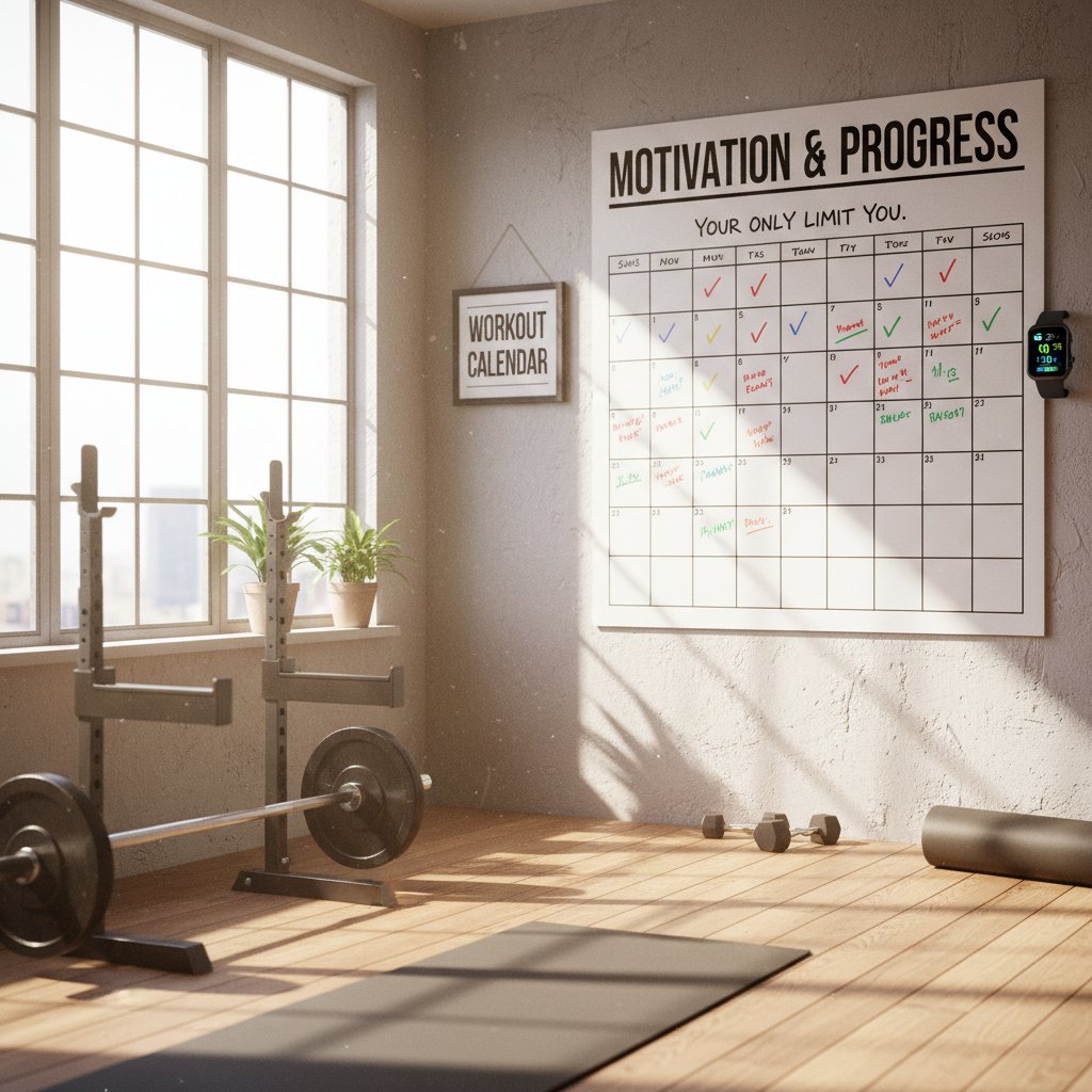 Motywacja sportowa, osoba przy kalendarzu treningów z zaznaczonymi postępami, domowe wnętrze, naturalne światło