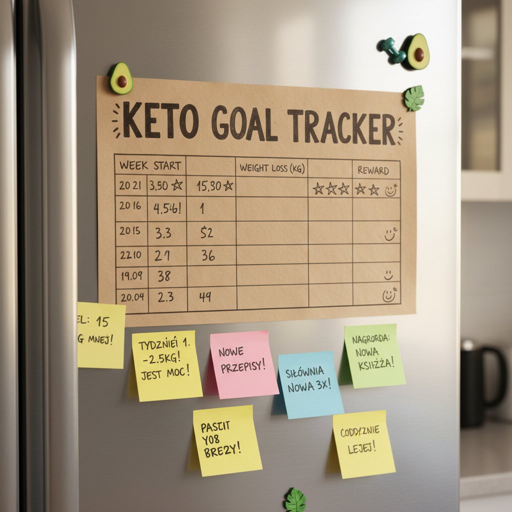 Motywacyjny plan diety ketogenicznej na lodówce w polskim domu, post-it, światło naturalne