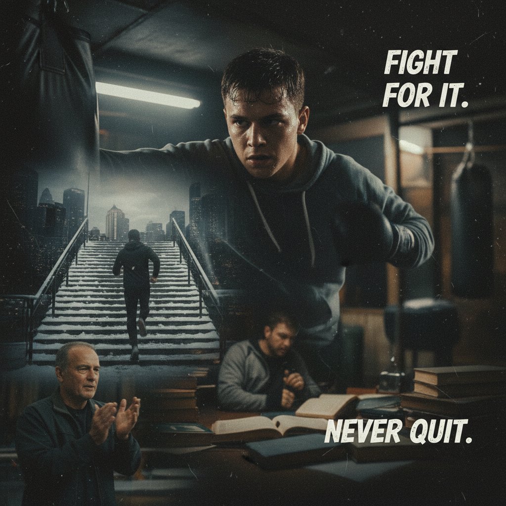 Motivational movie montage subverted with gritty realism, showing flawed heroes in everyday environments, movies that inspire motivation