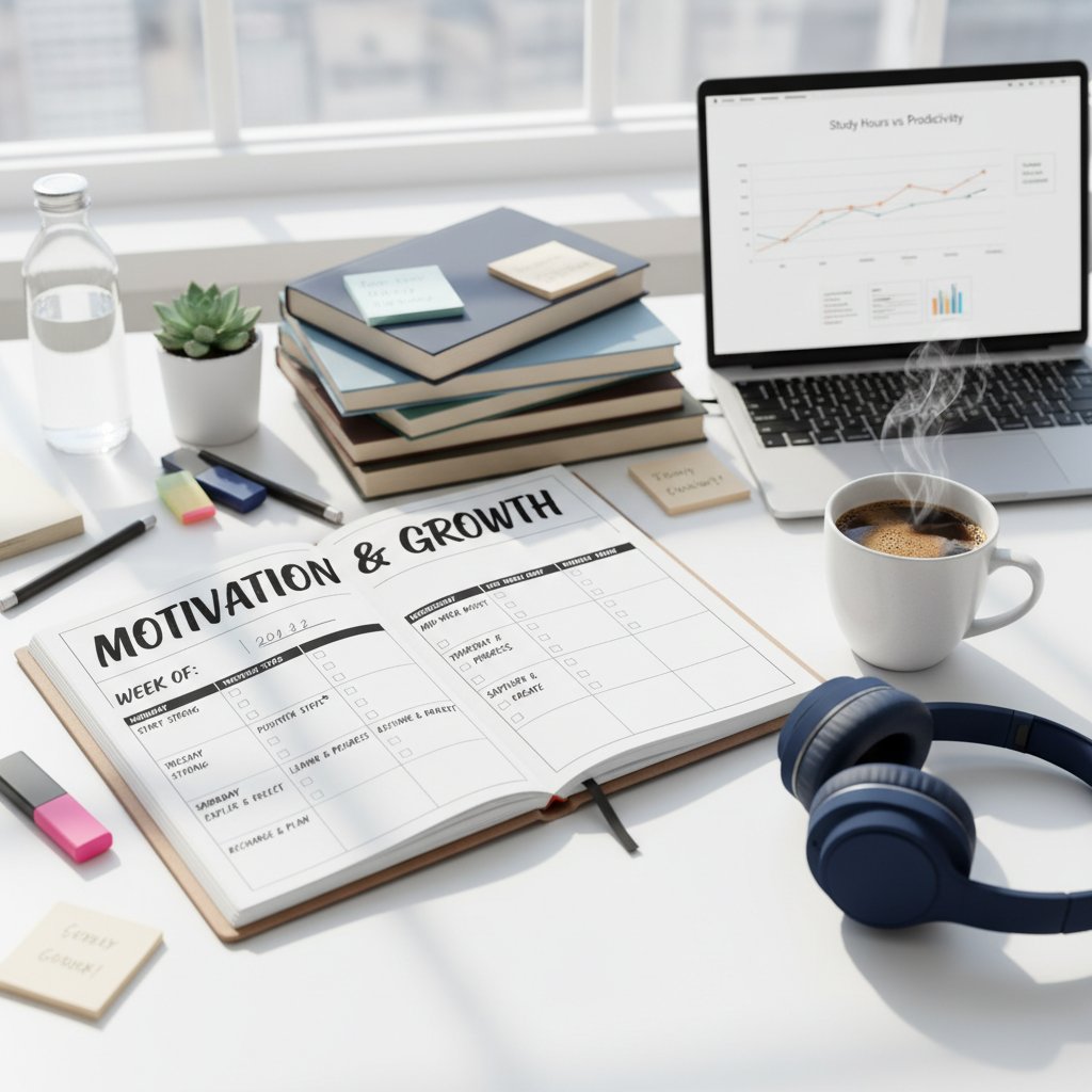 Motywacyjny planer nauki na biurku, z kawą i słuchawkami – przygotowania do TEF online