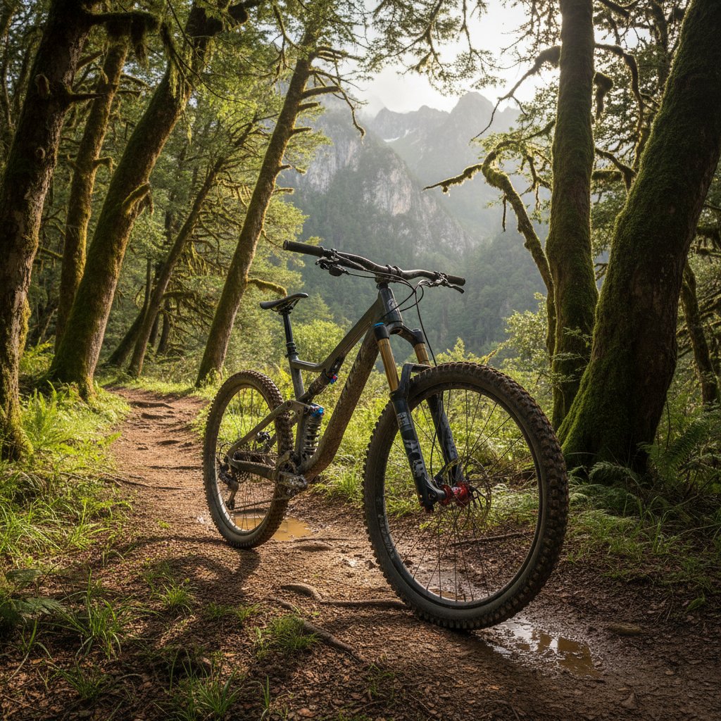 Mountain bike suspension in focus, forest trail background, showcasing travel in other industries