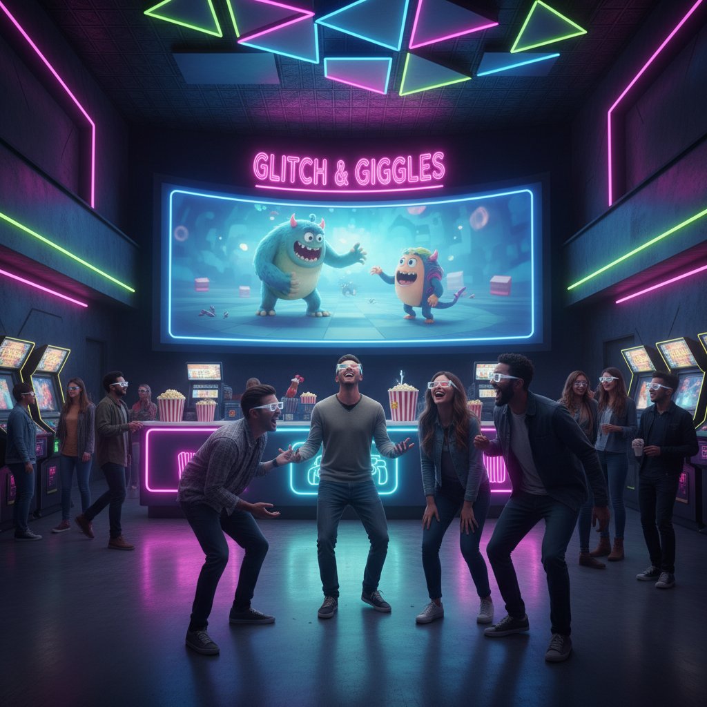 Group of friends laughing in neon-lit cinema wearing 3D glasses