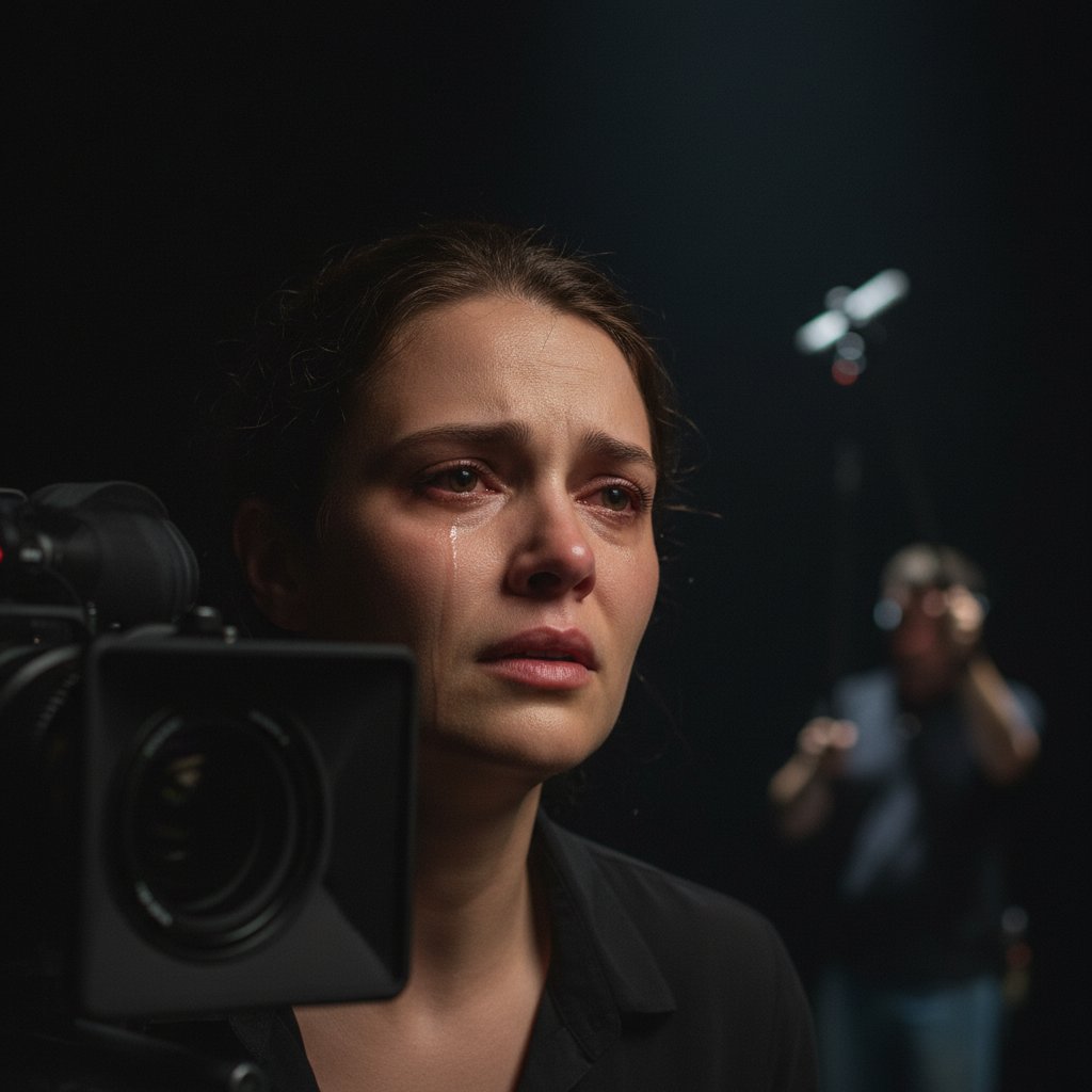 Young actor under spotlight on dark stage, movie acting, film performance, realism and vulnerability