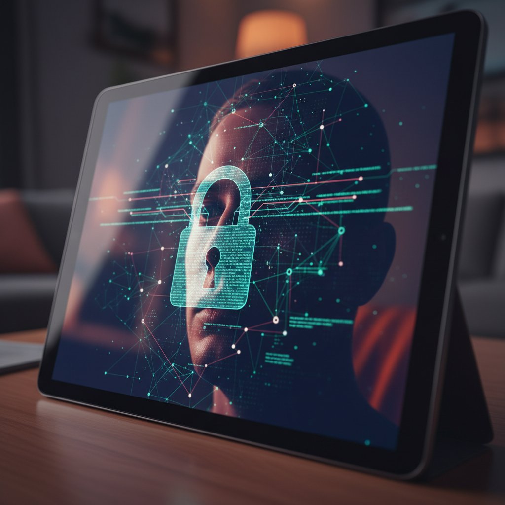 A close-up of a person’s face reflected in a glass screen with data overlays, hinting at data privacy concerns in movie recommendations