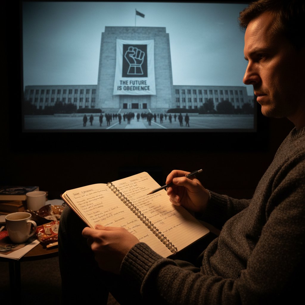 Over-the-shoulder shot of a viewer taking notes during a film, gritty home setting, critical analysis of political cinema