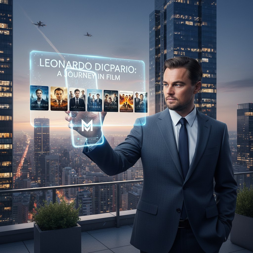 Person using AI-powered movie assistant on smartphone, Leonardo DiCaprio movies on screen, modern setting
