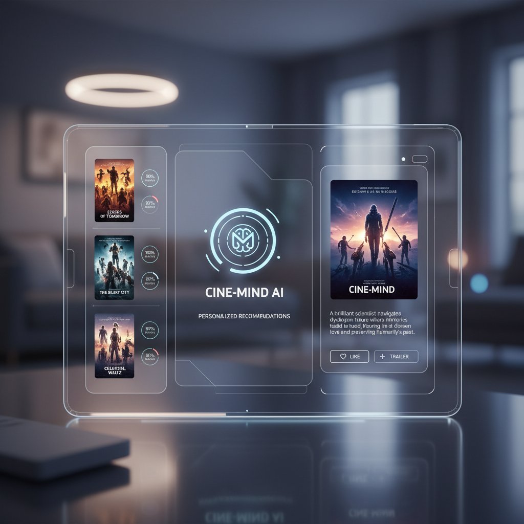 Screen capture of a vibrant, modern movie assistant app interface showing personalized recommendations