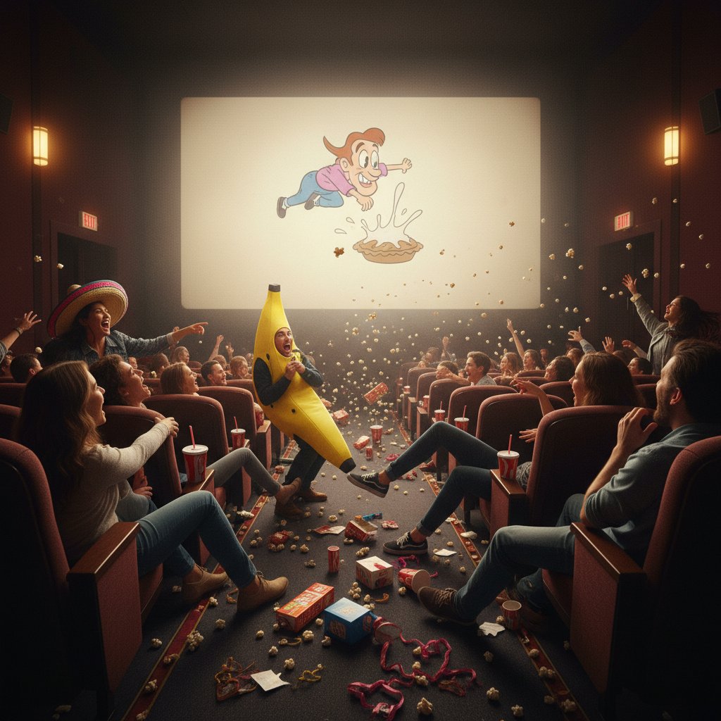 Audience laughing at chaotic comedy movie scene in cinematic atmosphere