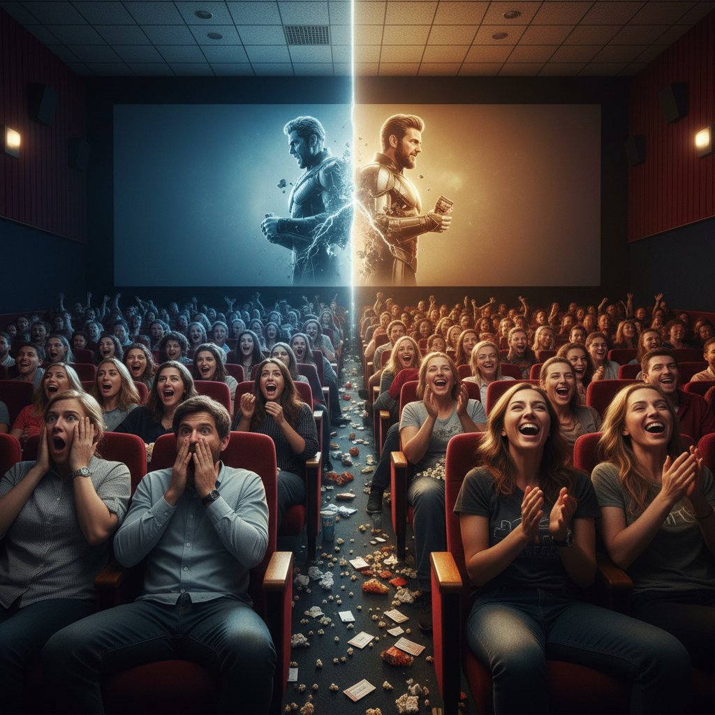 Audience reacting with split expressions—half laughing, half shocked—after a controversial movie twist ending