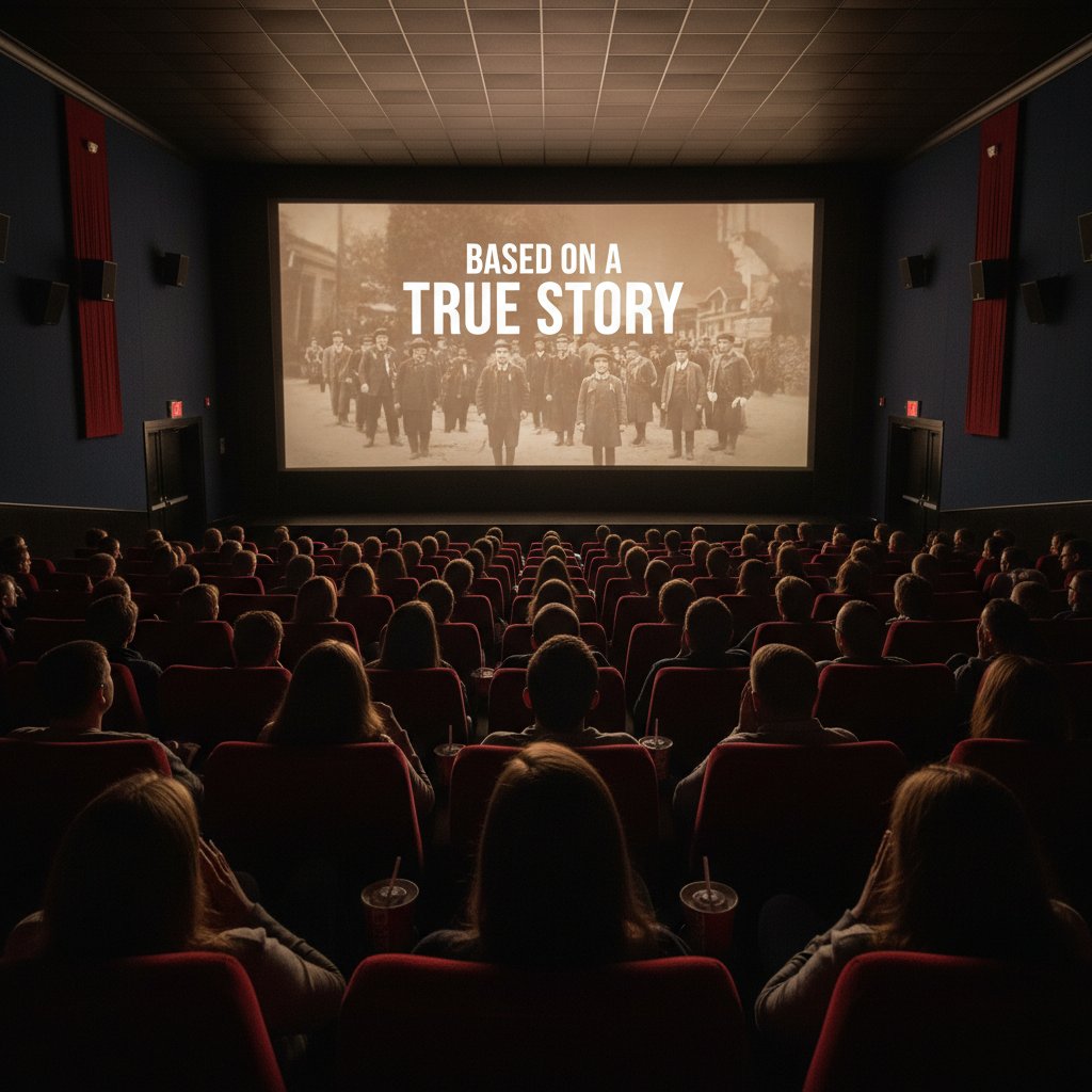 Captivated moviegoers watching a true story film in a theater, audience transfixed by a film based on true events
