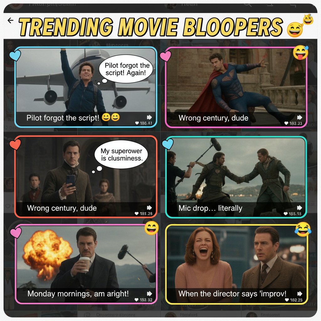 Movie blooper memes on social media, collage of trending movie blooper memes online