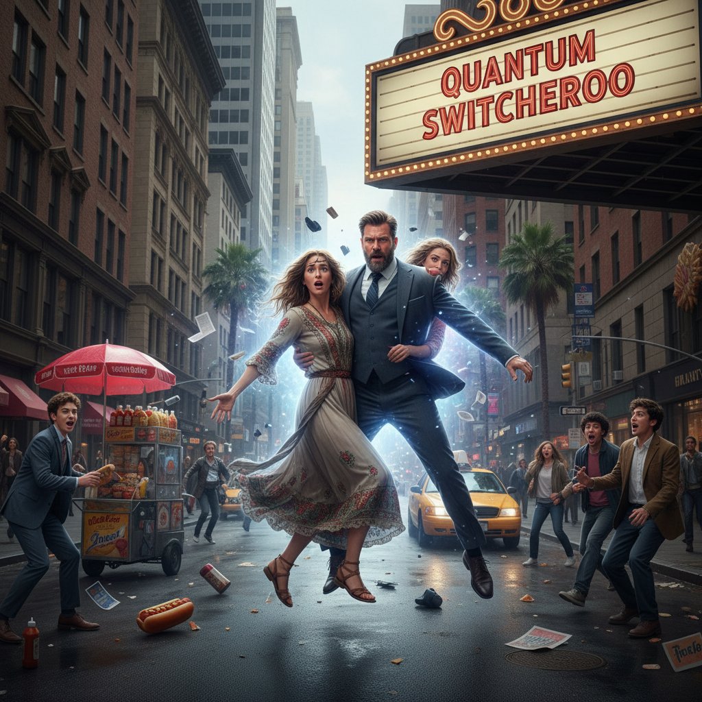 Two strangers on a city street nearly touch, symbolizing an imminent swap in a surreal, dreamlike setting