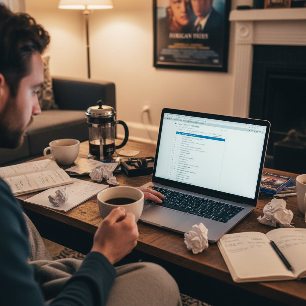 Movie buff creating Oscar shortlist on laptop with notes and coffee