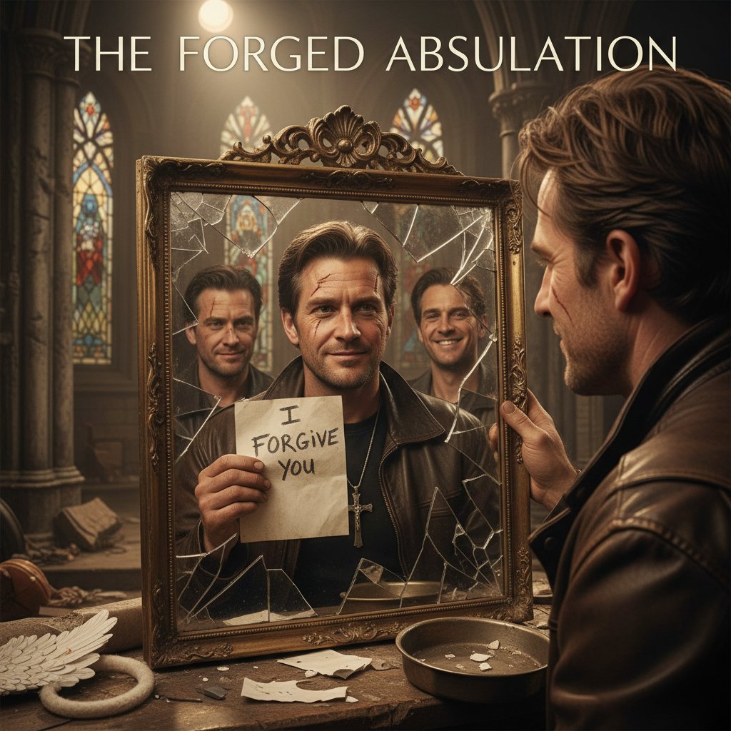 Stylized film still of a character facing a mirror, fractured glass, symbolizing inauthentic redemption