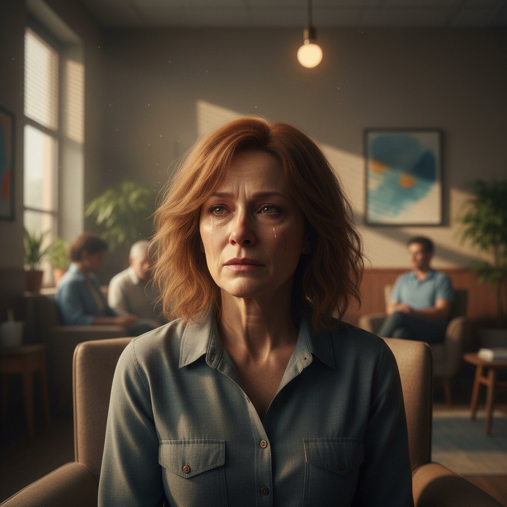 Close-up of a movie character in a rehab center, cinematic lighting, emotional expression, movie rehabilitation movies