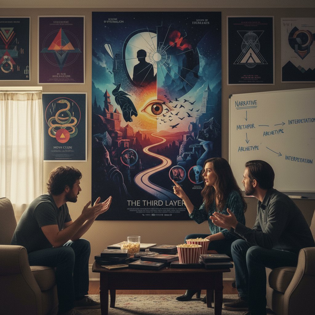 Lively movie club debating layered films, posters with symbolic imagery in the background