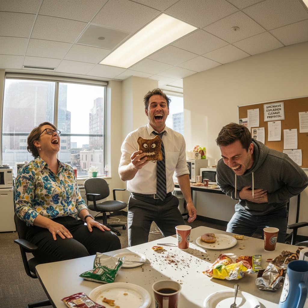 Coworkers laughing at office comedy movie in breakroom with coffee mugs