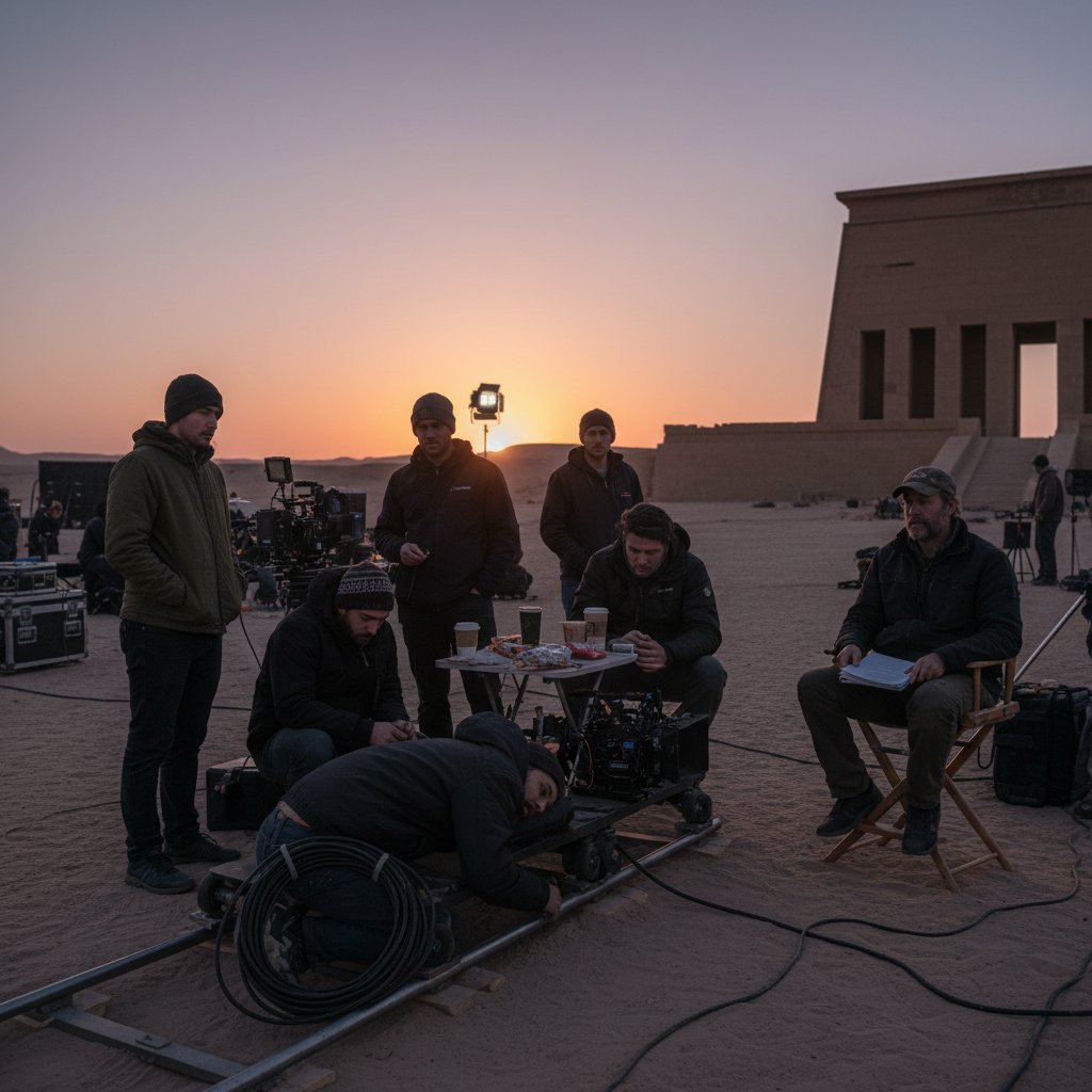 Movie crew members, exhausted but proud, sharing a laugh after a long shoot, gritty realism, dusk lighting, behind the scenes movies